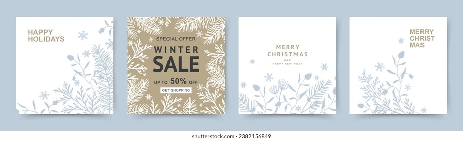 Winter holidays square templates with hand drawn Сhristmas tree branches and snowflakes in pastel neutral colors. Winter sale on social networks. Vector for greeting card, cover, banner, social media 