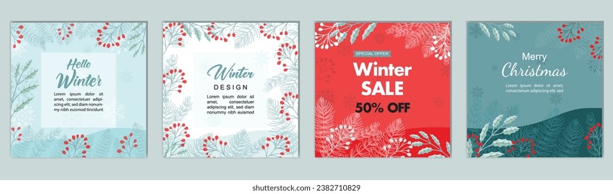 Winter Holidays square templates. Winter sale social media post frame with Christmas tree shape, snowflakes and red berries