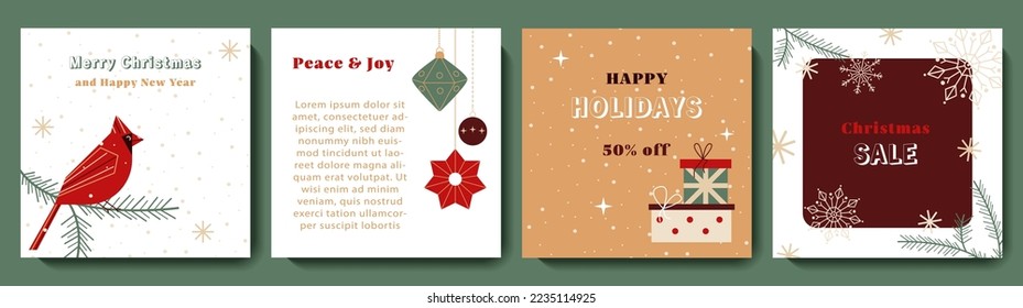Winter holidays square templates set. Christmas festive design for social media post, sale, frame, card, banner, web advertising, internet ads. Vector illustration