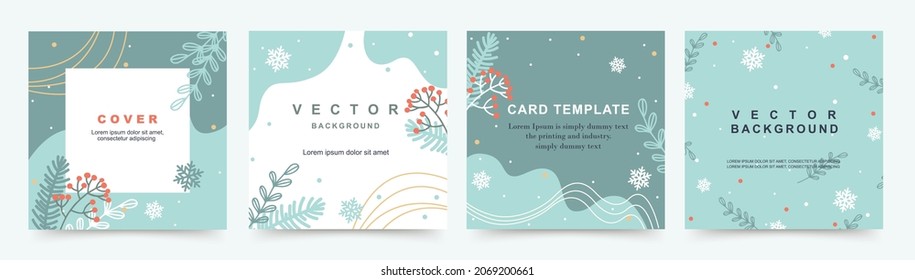 Winter holidays square templates. Social media post frame with snowflakes, christmas tree and red berries.Merry Christmas greeting cards.Vector illustration for mobile apps, banner design and web ads