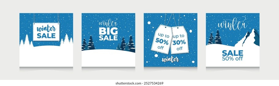 Winter Holidays square templates.New Year sale social media post.Suitable for mobile apps,banner,web internet ads.Christmas.Winter promotional labels card advertising special offers season collection.