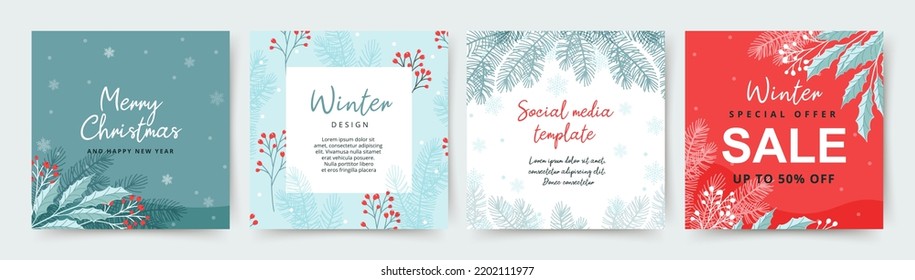 Winter holidays square templates.Christmas social media post with christmas tree, snowflakes and red berries.Vector illustration for mobile apps, banner design and web ads, greeting cards, sale