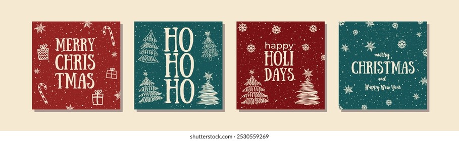 Winter Holidays square templates.Cute New Year greeting cards.Merry Christmas.Doodle elements gifts,hat,fir tree,candy and snow.Great for banners,wrapping.Background collection with place for text.