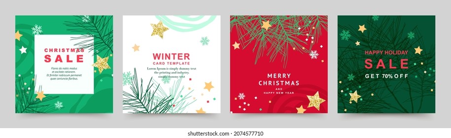 Winter holidays square templates.Winter sale social media post frame. Merry Christmas and Happy New Year set of backgrounds, greeting cards, posters, covers. Vector illustration 