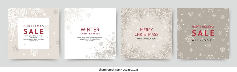 Winter holidays square templates.Winter sale social media post frame. Merry Christmas and Happy New Year set of backgrounds, greeting cards, posters, covers. Vector illustration