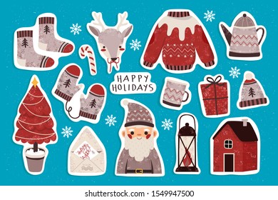 Winter holidays stickers set with santa, reindeer, Christmas tree, presents, warm socks. Merry Christmas and happy new year cute stickers set. Vector winter holidays set