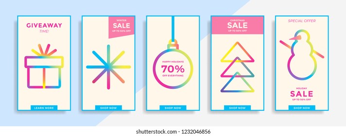 Winter holidays stories templates. Social media pack with colorful icons. Modern flat design for Christmas and New year sales. Vector illustration.