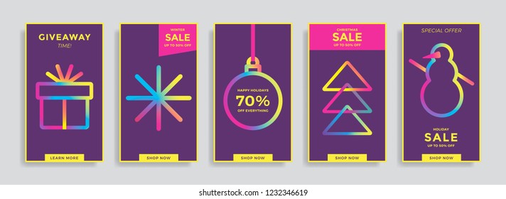 Winter holidays stories templates. Social media pack with colorful icons. Modern flat design for Christmas and New year sales. Vector illustration.