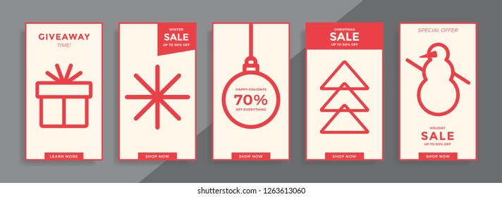 Winter holidays stories templates. Social media pack with colorful icons. Modern flat design for Christmas and New year sales. Vector illustration.