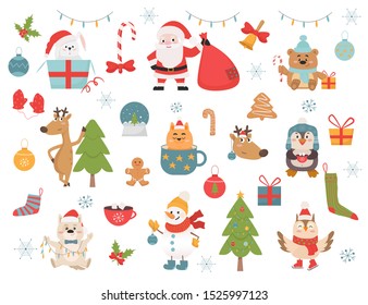 Winter holidays symbols and animals vector illustrations set. Santa Claus, deer and snowman cartoon characters. Cute bear, white bunny and owl in red warm hats. Christmas celebration design elements