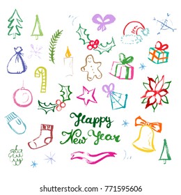 Winter holidays symbols. Set of colorful hand drawn marker scribble traditional Christmas and New Year celebration attributes. Collection of grunge style design elements. Vector illustration.