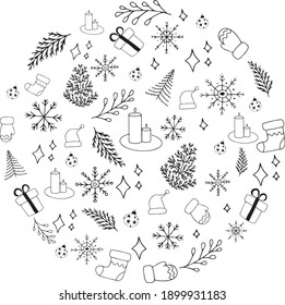 Winter holidays symbols. Set of hand drawn marker scribble traditional Christmas and New Year celebration attributes. 