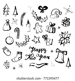 Winter holidays symbols. Set of hand drawn marker scribble traditional Christmas and New Year celebration attributes. Collection of grunge style design elements. Vector illustration.