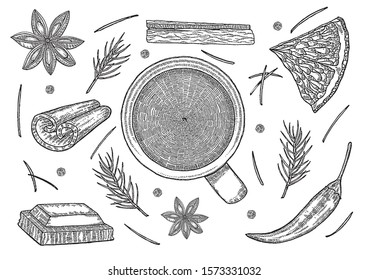 winter holidays tea cup needles cinnamon cacao warm comfort hand draw