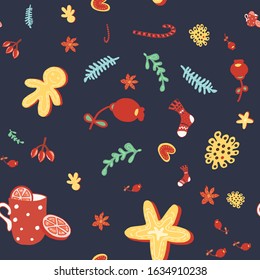 winter holidays template with a red mug in white peas, a sock for gifts, lemon slices, sprigs of cloves, rosehip berries and ginger cookies in the form of a man on a dark blue background.vector eps10