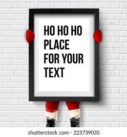 Winter holidays template. Santa is holding a frame with place for Your text. Vector illustration.