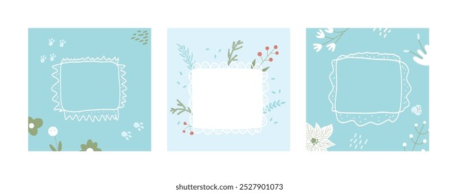 Plantillas de vacaciones de invierno con espacio de copia establecido. Anuncios con marcos rectangulares decorados con Elementos botánicos y bayas sobre un fondo azul claro. Vector dibujado a mano ilustración de colección.