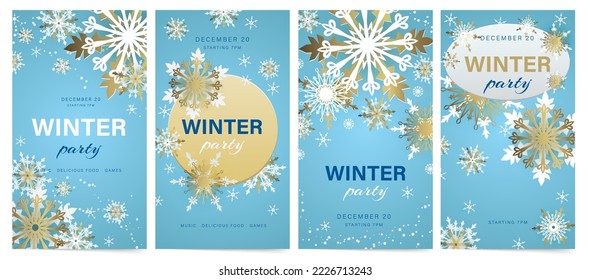 Winter holidays templates for posts and stories. Christmas card design for banners, posters, mobile apps. Set of vertical invitation cards with golden snowflakes.