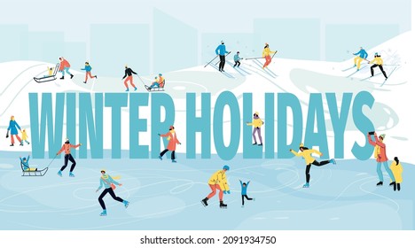 Winter holidays text poster with happy people having fun outdoor activities skiing, sledding, skating around greeting lettering