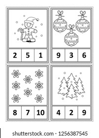 Winter holidays themed counting 1 to 10 practise for kids worksheet or four task cards (when cut along the dotted lines): Count. Circle the correct answer. Color. - Language independent.