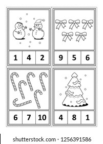 Winter holidays themed counting 1 to 10 practise for kids worksheet or four task cards (when cut along the dotted lines): Count. Circle the correct answer. Color. - Language independent.