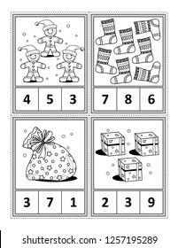 Winter holidays themed counting 1 to 10 practise for kids worksheet or four task cards (when cut along the dotted lines): Count. Circle the correct answer. Color. - Language independent.