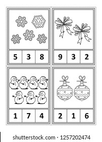 Winter holidays themed counting 1 to 10 practise for kids worksheet or four task cards (when cut along the dotted lines): Count. Circle the correct answer. Color. - Language independent.