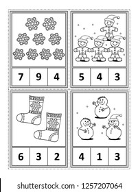 Winter holidays themed counting 1 to 10 practise for kids worksheet or four task cards (when cut along the dotted lines): Count. Circle the correct answer. Color. - Language independent.