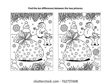 Winter holidays themed find the ten differences picture puzzle and coloring page with Santa's sack, teddy bear, snowman.