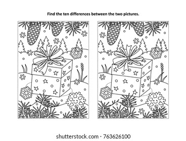 Winter holidays themed find the ten differences picture puzzle and coloring page with gift or present.