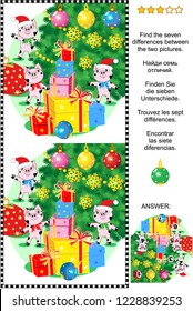 Winter holidays themed visual puzzle: Find the seven differences between the two pictures of cute little pigs, christmas tree and presents. Answer included.