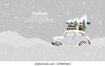 Winter holidays, Travel to world by car. Trip on a winter vacation in the mountains, forest. Christmas mood. Nappy new year. Vector design for banner, post