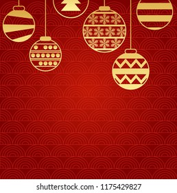 Winter holidays typography poster in flat style. Vector illustration for Happy new year, merry Christmas, greeting cards, invitations. Gold new year toys border on red background, template.