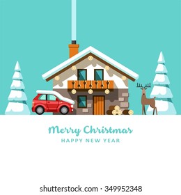 Winter holidays. Vacation on resort. House in forest. Christmas card background poster. Vector illustration.