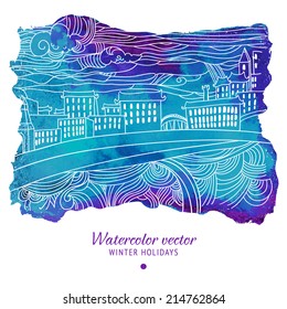 Winter holidays vector abstract drawing card. Vintage sketch watercolor illustration.