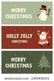 Winter Holidays Vector Banners with Cute Happy Snowman, Christmas Tree, Santa Claus and Stars isolated on a Green and Dark Red Background. Funny Christmas Print ideal for Card, Wishes. Rgb Colors.