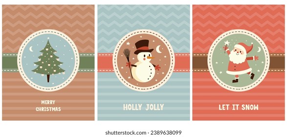 Winter Holidays Vector Card with Cute Happy Snowman, Christmas Tree, Santa Claus and Stars isolated on a Green, Blue and Red Background. Funny Christmas Print ideal for Card, Wishes. Rgb Colors.