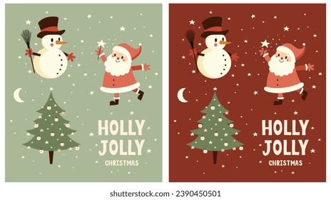 Winter Holidays Vector Card with Cute Happy Snowman, Christmas Tree, Santa Claus and Stars isolated on a Pale Green and Dark Red Background. Funny Christmas Print ideal for Card, Wishes. Rgb Colors.
