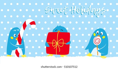 Winter holidays vector card with cute penguins, Group of penguin in with sweet gifts