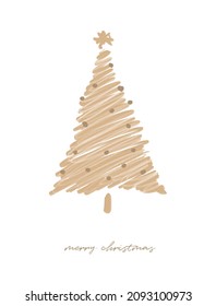 Winter Holidays Vector Card. Gold Christmas Tree made of Scribbles Isolated on a White Background. Christmas Illustration.