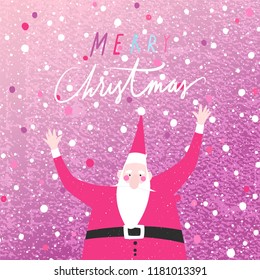 Winter holidays vector card with Santa Claus holding up his hands to wish a Merry Christmas