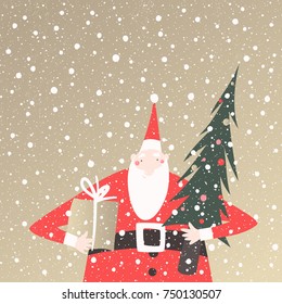 Winter holidays vector card with Santa Claus holding wrapped present and Christmas tree on golden background