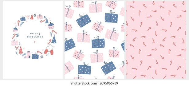 Winter Holidays Vector Card and Seamless Patterns. Infantile Style Print with Christmas Trees, Santa's Boots, Twigs, Wooly Gloves, Giftbox, Stars and Baubles on a White and Pastel Pink Background.