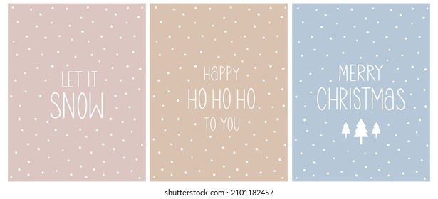 Winter Holidays Vector Card. White Handwritten Wishes and Christmas Tree Isolated on a Pastel Pink, Beige and Light Blue Background. Merry Christmas. Happy ho ho ho to You. Let it Snow.