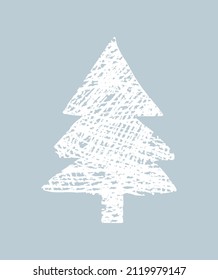 Winter Holidays Vector Card with White Crayon Drawing Style Christmas Tree on a Pastel Blue Background. Pine Tree made of Scribbles. No text.
