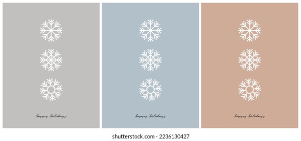 Winter Holidays Vector Card. White Snoflakes Isolated on a Light Gray, Pastel Blue and Blush Beige Background. Christmas Illustration in 3 Different Colors. Print with Simple Snowflakes and Wishes.