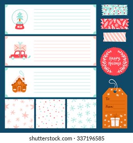 Winter holidays vector decorations collection with seamless patterns, paper stationery, tapes