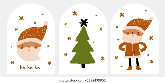 Winter Holidays Vector Funny Tags with Cute Happy Santa Claus and Green Christmas Tree with Star on a White Background. Ho Ho Ho. Christmas Holidays Labels. Infantile Style Christmas Gift Tags. Rgb.