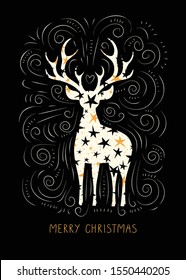 Winter Holidays Vector Gift Card with White Starry Deers, Hand-Drawn Doodle Swirls, Swashes, Stars on Chalk Black Background. Merry Christmas Hand Lettering. Typography