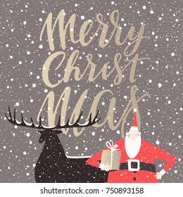 Winter holidays vector greeting card with Santa Claus and a reindeer on background of snowflakes and Merry Christmas lettering in golden color